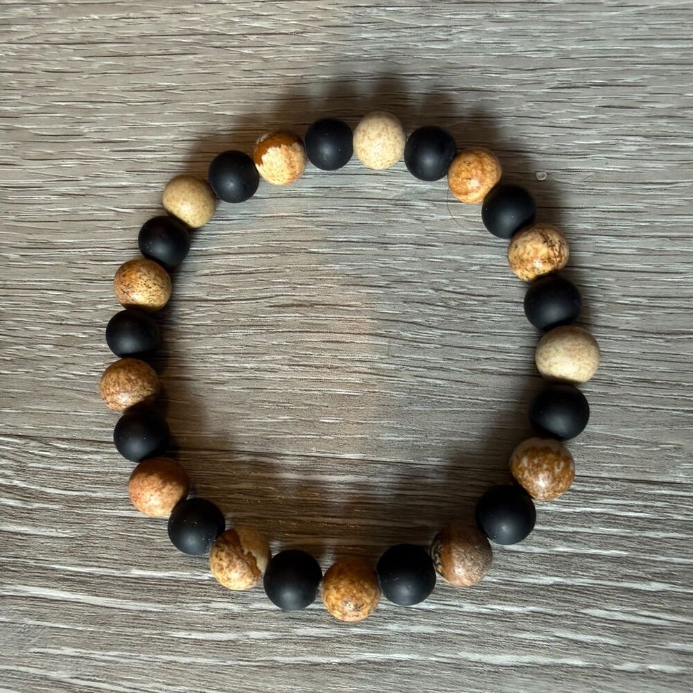 Matte Black Brown Jasper Marbled Bead Unisex Stretch Bracelet